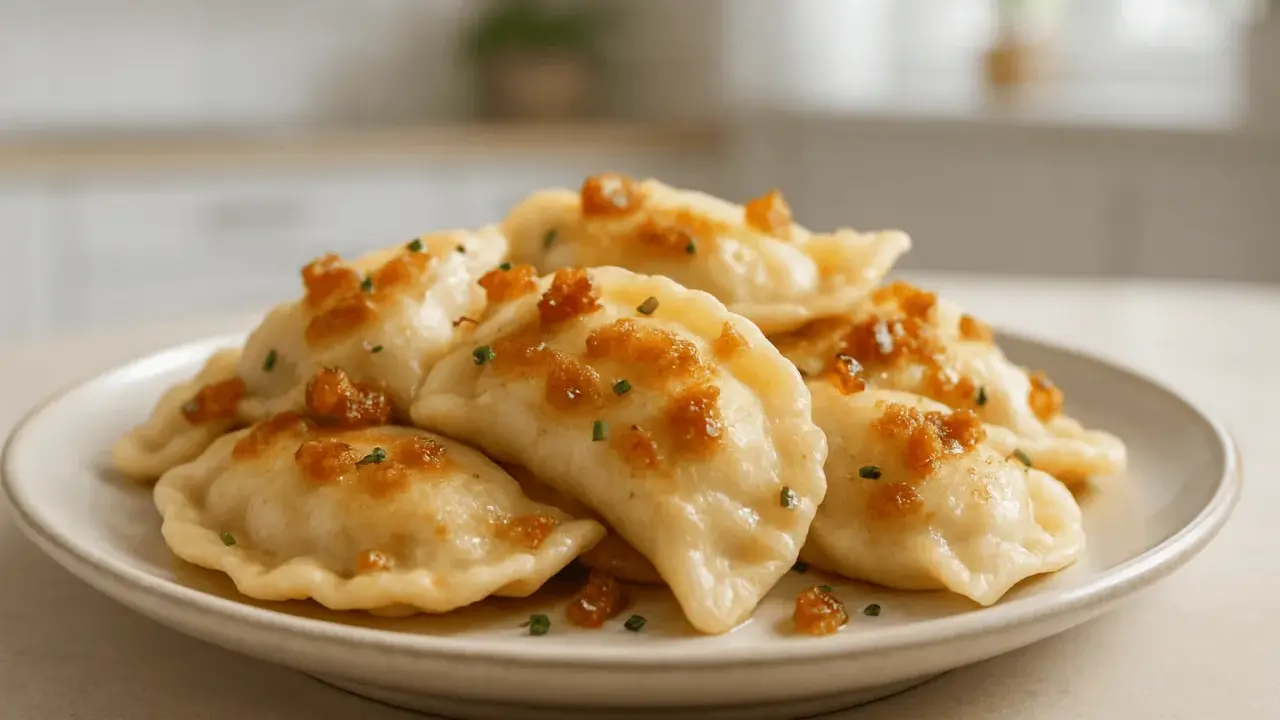 Pyszne pierogi ruskie, jak u babci, polane skwarkami i posypane szczypiorkiem.