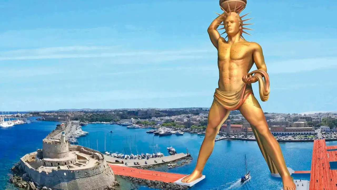 Wyobraź sobie, że Kolos z Rodos stoi na straży portu, jego złota postać góruje nad miastem i morzem.