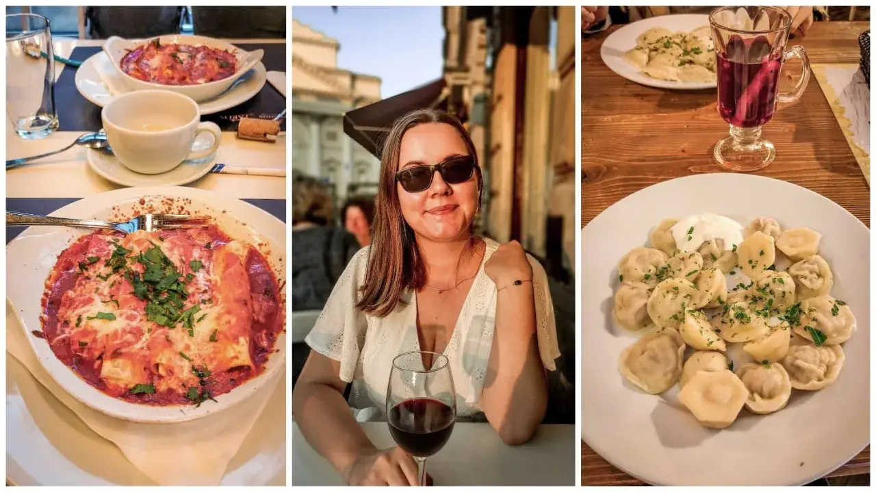 Kobieta z kieliszkiem wina i dania z restauracji w Warszawie. Odkryj nietypowe restauracje Warszawa i ich pyszne potrawy.