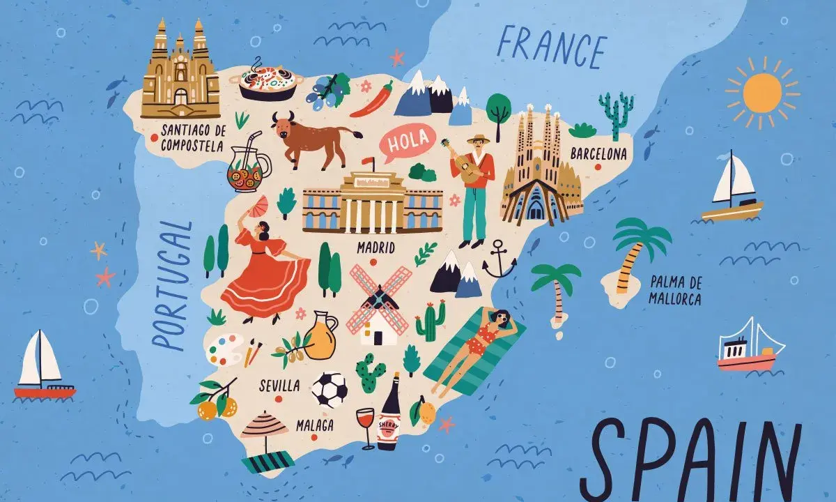 Ilustrowana mapa Hiszpanii pełna ciekawostek: flamenco, byki, Sagrada Familia, paella i słońce.