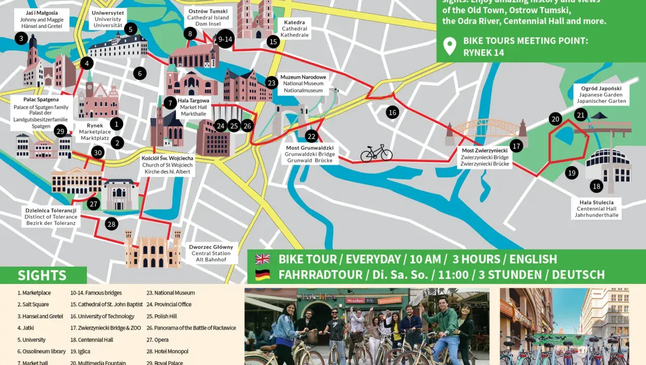 Mapa Wrocławia z zaznaczoną trasą rowerową. Poznaj ciekawostki o Wrocławiu, zwiedzając 30 atrakcji, w tym Rynek, Ostrów Tumski i Halę Stulecia.