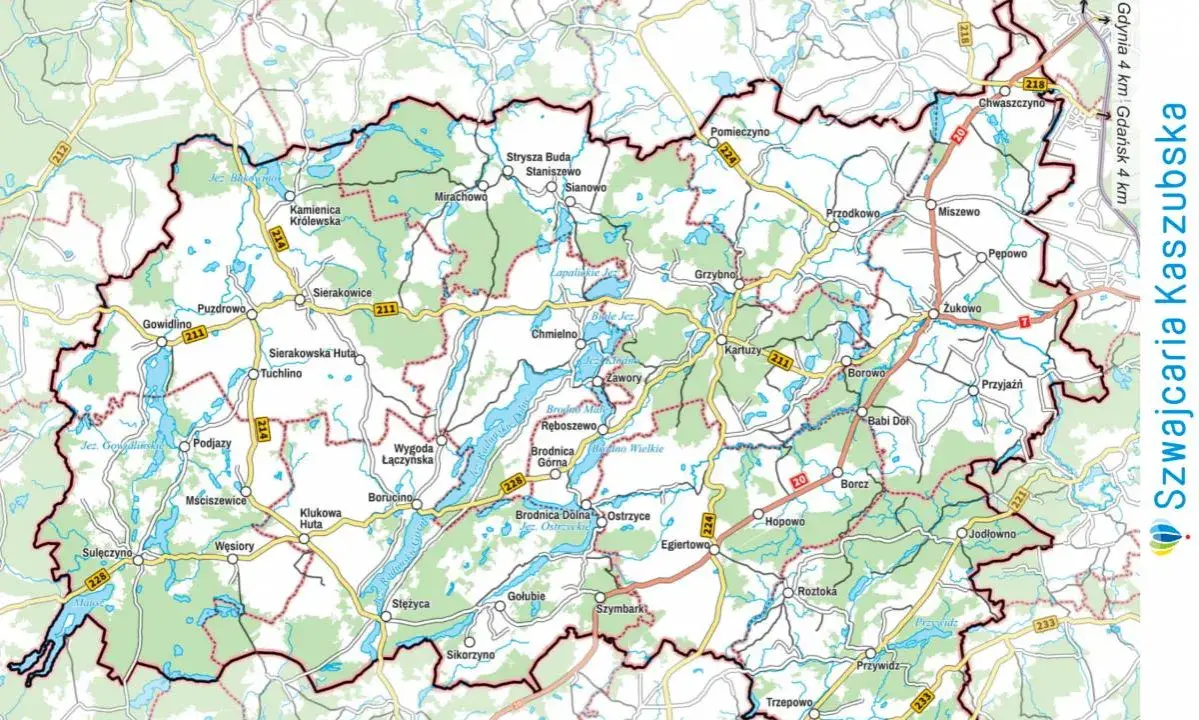 Mapa Szwajcarii Kaszubskiej z zaznaczonymi jeziorami, drogami i miejscowościami. Odkryj atrakcje regionu!