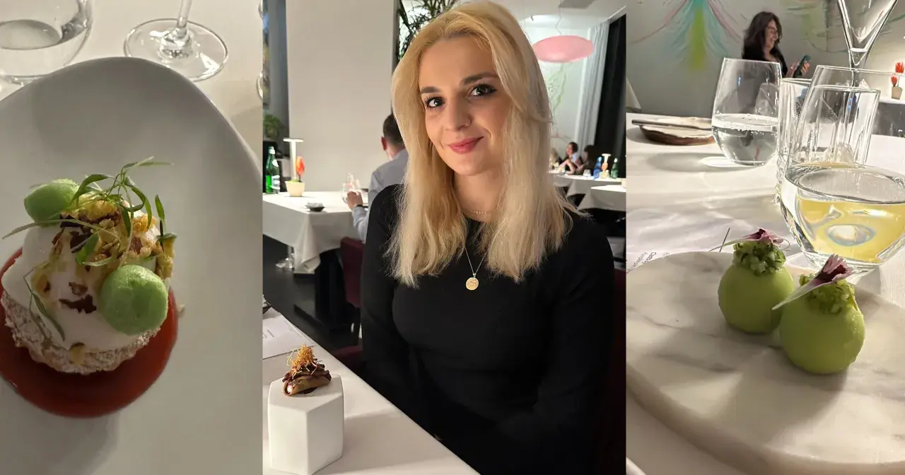 Kobieta w eleganckiej restauracji z gwiazdką Michelin w Polsce. Na stole wykwintne dania i napoje.