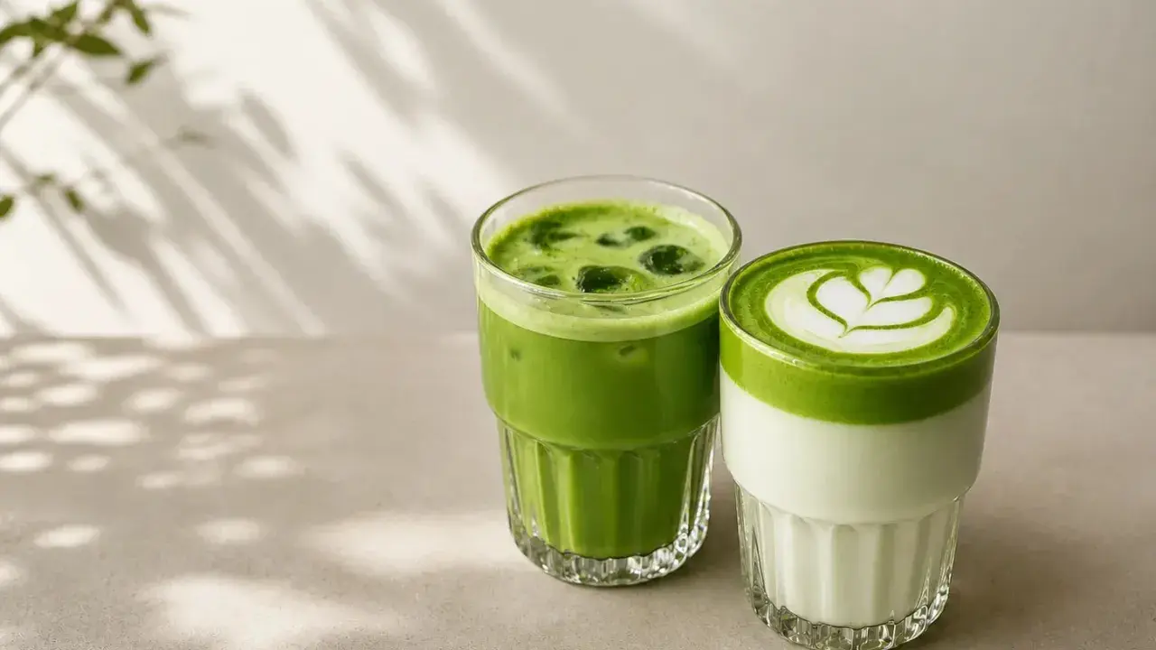 Dwa orzeźwiające napoje matcha w szklankach. Jeden z lodem, drugi z pianką i wzorem. Idealny matcha przepis na lato.
