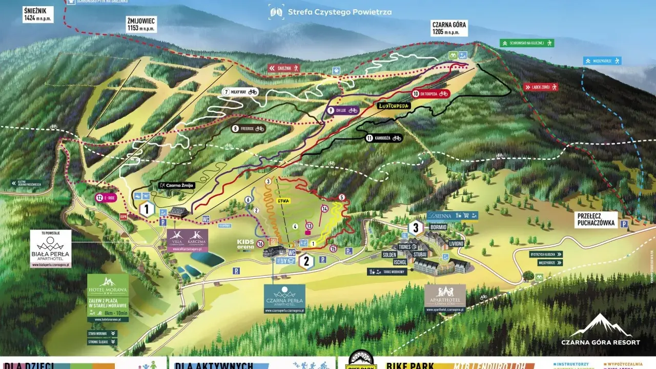 Mapa atrakcji Czarnej Góry: trasy narciarskie, rowerowe (bike park), wyciągi, hotele i punkty widokowe. Idealne miejsce na aktywny wypoczynek.