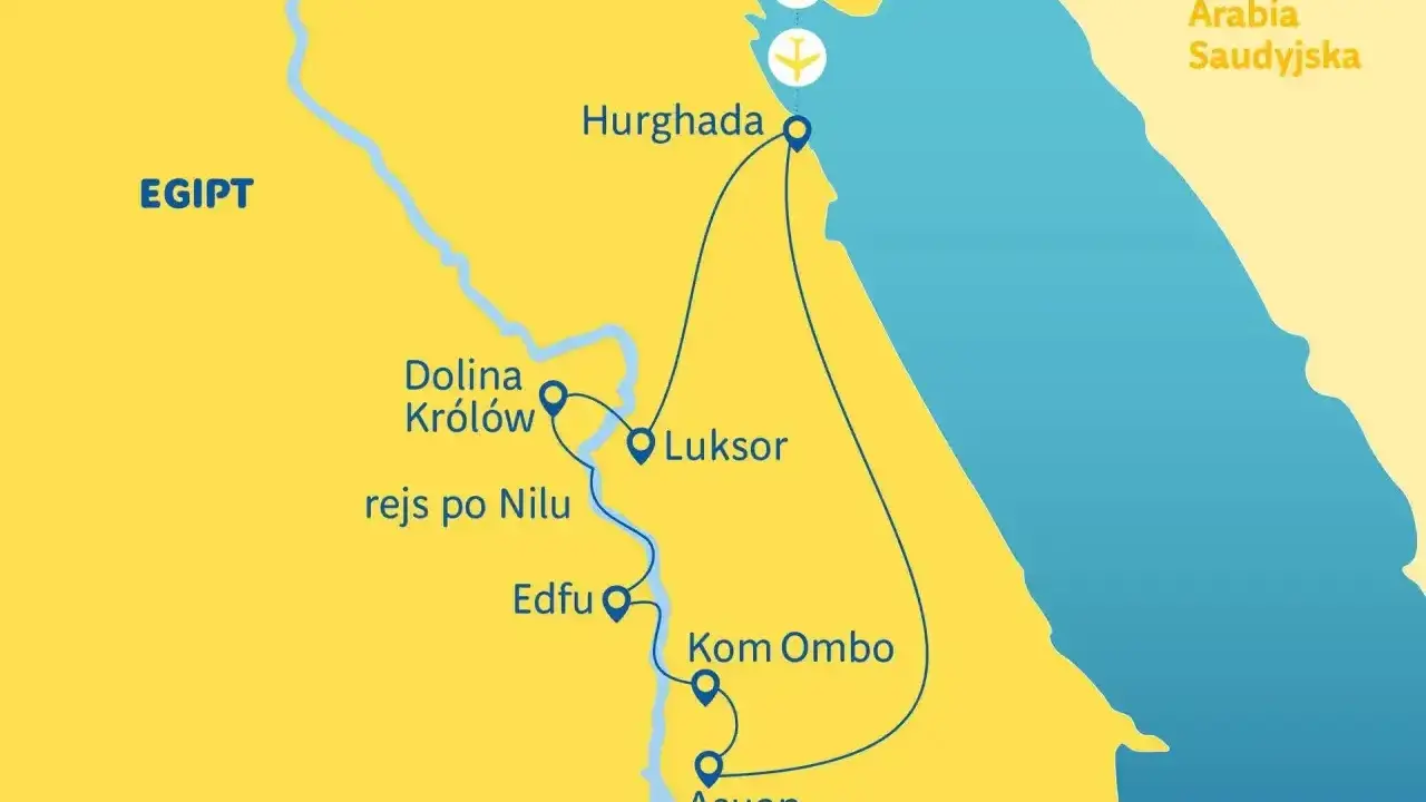 Mapa Egiptu z trasą turystyczną: Hurghada, Luksor, Dolina Królów, rejs po Nilu, Edfu, Kom Ombo, Asuan. Zastanawiasz się, ile się leci do Egiptu?