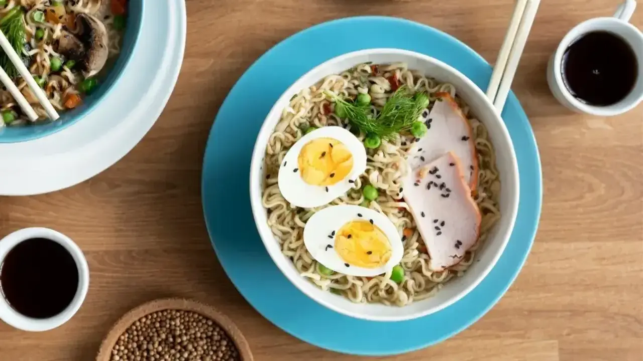 Miseczka z tantanmen, makaronem, jajkiem na twardo, plastrami mięsa i zielonym koperkiem. Obok sos sojowy i nasiona sezamu.