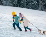 Dzieci w kolorowych szalikach ciągną sanki po ośnieżonym stoku. Idealne miejsce, gdzie w góry z dziećmi na zimowe zabawy.