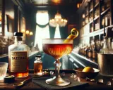 Elegancki Sazerac w kieliszku, obok butelka z etykietą "Sazerac", cytryna i lód. Klimatyczny bar w tle.