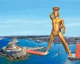 Wyobraź sobie, że Kolos z Rodos stoi na straży portu, jego złota postać góruje nad miastem i morzem.