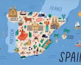 Ilustrowana mapa Hiszpanii pełna ciekawostek: flamenco, byki, Sagrada Familia, paella i słońce.