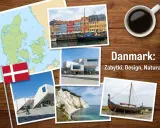 Kawa i Danii: ciekawostki o zabytkach, designie i naturze. Mapa, flaga, kolorowe kamienice, nowoczesne budynki, klify i łódź wikingów.