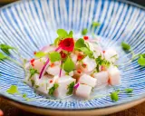 Pyszne ceviche z kawałków białej ryby, czerwonej cebuli, papryczki chili i ziół, udekorowane kiełkami i małą czerwoną różą, na niebiesko-białym talerzu.