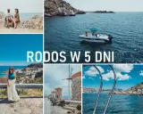 Odkryj Rodos najpiękniejsze miejsca: para na skałach, łódź na morzu, Lindos, wiatraki i widok na zatokę.