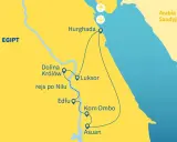 Mapa Egiptu z trasą turystyczną: Hurghada, Luksor, Dolina Królów, rejs po Nilu, Edfu, Kom Ombo, Asuan. Zastanawiasz się, ile się leci do Egiptu?