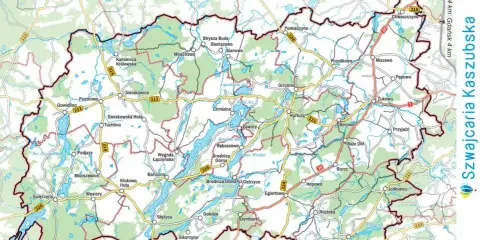 Mapa Szwajcarii Kaszubskiej z zaznaczonymi jeziorami, drogami i miejscowościami. Odkryj atrakcje regionu!