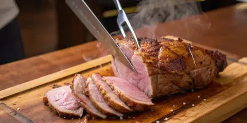 Soczysty udziec jagnięcy, właśnie krojony na desce. Para unosi się z aromatycznego mięsa, zapowiadając wyśmienite danie.