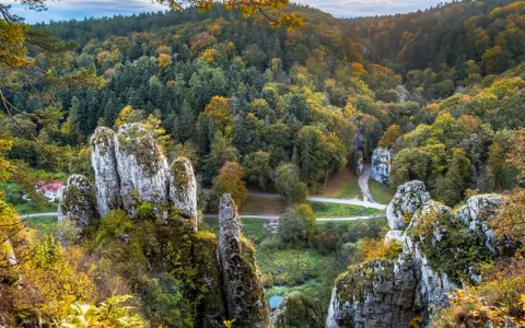 Ojcowski Park Narodowy w jesiennej odsłonie. Wapienne skały i kolorowy las tworzą malowniczy krajobraz. Ciekawostki przyrodnicze czekają na odkrycie.