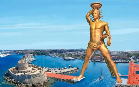 Wyobraź sobie, że Kolos z Rodos stoi na straży portu, jego złota postać góruje nad miastem i morzem.