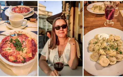 Kobieta z kieliszkiem wina i dania z restauracji w Warszawie. Odkryj nietypowe restauracje Warszawa i ich pyszne potrawy.