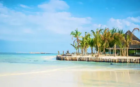 Piękna plaża z palmami i drewnianym molo. Zastanawiasz się, ile się leci na Zanzibar? To raj na ziemi!