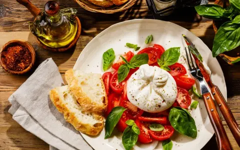 Pyszny ser burrata jak jeść: kremowy ser, pomidory, bazylia i chrupiące pieczywo. Idealne połączenie smaków.