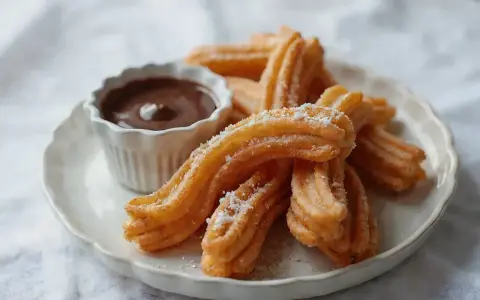 Churros co to? Złociste, chrupiące paluszki posypane cukrem pudrem, idealne do maczania w gorącej czekoladzie. Pyszna przekąska!