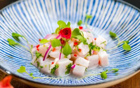 Pyszne ceviche z kawałków białej ryby, czerwonej cebuli, papryczki chili i ziół, udekorowane kiełkami i małą czerwoną różą, na niebiesko-białym talerzu.