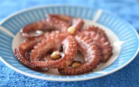 Gotowy ośmiornica przepis na talerzu z niebieskimi paskami. Delikatne macki z czosnkiem, idealne do degustacji.