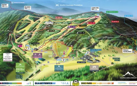Mapa atrakcji Czarnej Góry: trasy narciarskie, rowerowe (bike park), wyciągi, hotele i punkty widokowe. Idealne miejsce na aktywny wypoczynek.