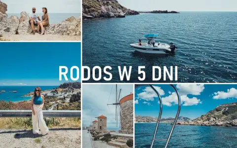 Odkryj Rodos najpiękniejsze miejsca: para na skałach, łódź na morzu, Lindos, wiatraki i widok na zatokę.