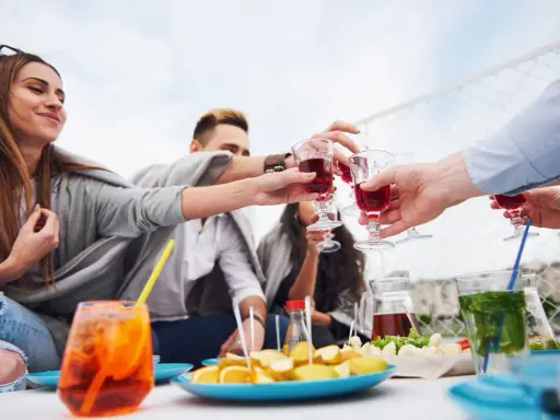 Grupa przyjaciół wznosi toast aperitifem, ciesząc się spotkaniem.