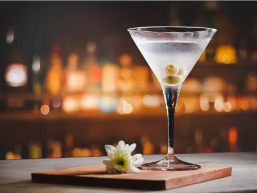 Eleganckie martini z oliwkami, idealne do wieczornego relaksu. Obok biały kwiatek, sugerujący subtelność.