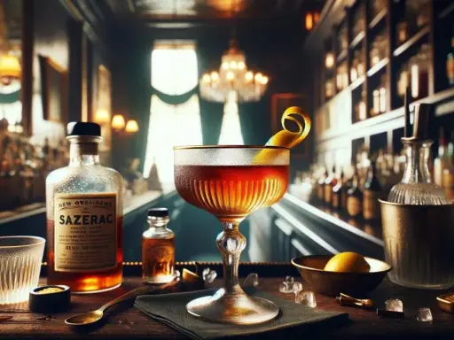 Elegancki Sazerac w kieliszku, obok butelka z etykietą "Sazerac", cytryna i lód. Klimatyczny bar w tle.