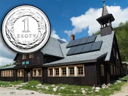 Schronisko górskie z panelem słonecznym i monetą 1 złoty.