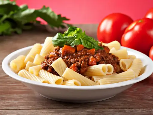 Pyszny makaron włoski rigatoni z sosem bolognese i świeżą bazylią, obok dojrzałe pomidory.