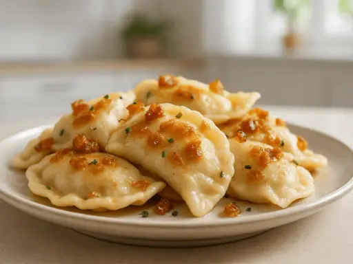 Pyszne pierogi ruskie, jak u babci, polane skwarkami i posypane szczypiorkiem.