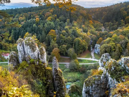 Ojcowski Park Narodowy w jesiennej odsłonie. Wapienne skały i kolorowy las tworzą malowniczy krajobraz. Ciekawostki przyrodnicze czekają na odkrycie.