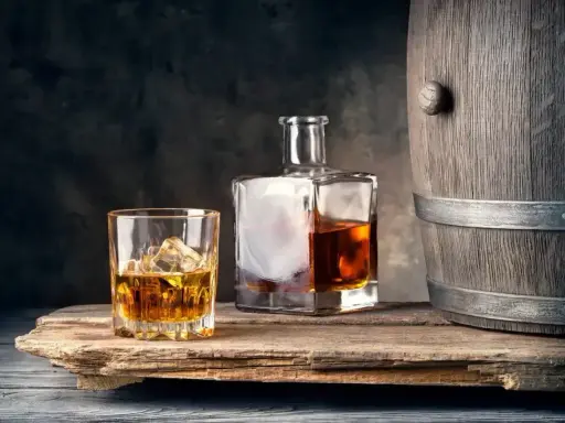 Szklanka z lodem i butelka whisky obok drewnianej beczki. Idealne połączenie, by dowiedzieć się, z czym pić whisky.