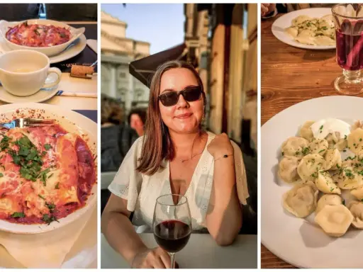 Kobieta z kieliszkiem wina i dania z restauracji w Warszawie. Odkryj nietypowe restauracje Warszawa i ich pyszne potrawy.