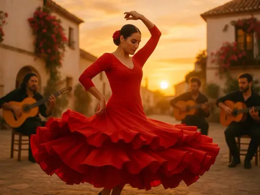 Tancerka w czerwonej sukni wiruje w rytm muzyki granej przez gitarzystów. Magiczny wieczór pełen pasji flamenco.