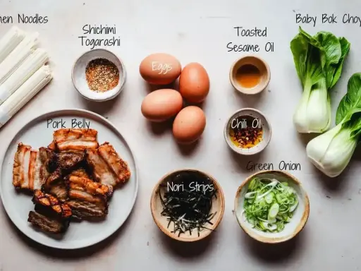 Składniki do ramen miso: makaron, jajka, boczek, pak choi, nori, cebulka, olej sezamowy, chili i przyprawy.