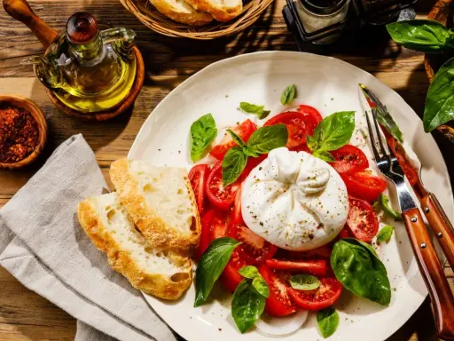 Pyszny ser burrata jak jeść: kremowy ser, pomidory, bazylia i chrupiące pieczywo. Idealne połączenie smaków.
