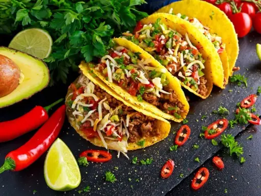 Pyszne dania meksykańskie: tacos z mielonym mięsem, serem, pomidorami i awokado, ozdobione papryczkami chili i limonką.