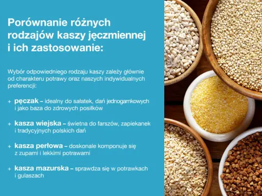 Różne rodzaje kasz: pęczak, wiejska, perłowa i mazurska, z ich zastosowaniami w kuchni.