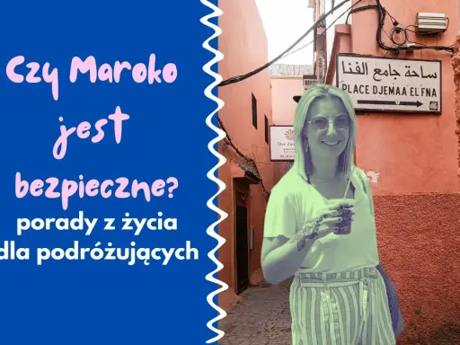 Czy Maroko jest bezpieczne? Porady z życia dla podróżujących. Kobieta z drinkiem na tle uliczki w Marrakeszu.