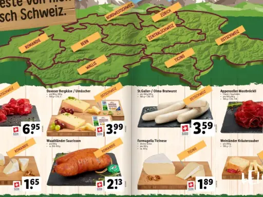 Mapa Szwajcarii z produktami spożywczymi i cenami.