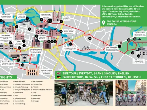 Mapa Wrocławia z zaznaczoną trasą rowerową. Poznaj ciekawostki o Wrocławiu, zwiedzając 30 atrakcji, w tym Rynek, Ostrów Tumski i Halę Stulecia.