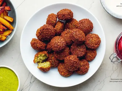 Talerz pełen chrupiących kuleczek, które są idealnym przykładem tego, co to jest falafel. Podane z zielonym sosem i frytkami.