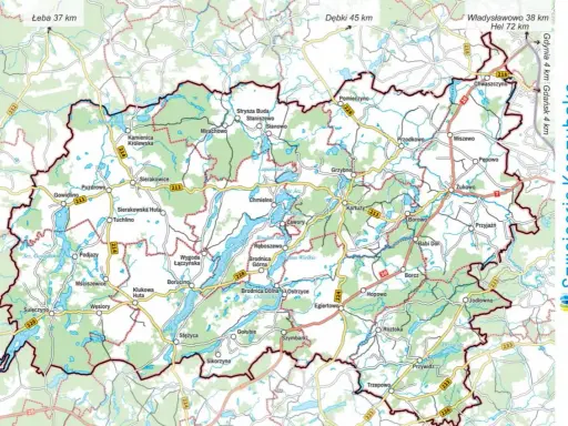 Mapa Szwajcarii Kaszubskiej z zaznaczonymi jeziorami, drogami i miejscowościami. Odkryj atrakcje regionu!